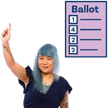 Icon of a ballot paper. A person next to it is holding up their hand.