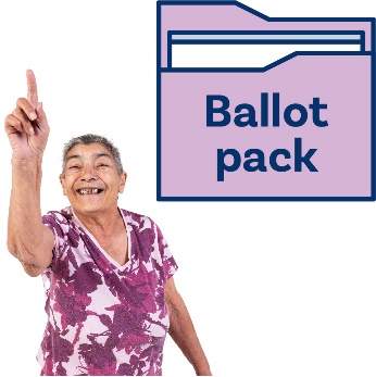 A person holds up their hand next to a ballot pack icon.