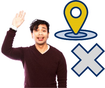 A person holds up their hand next to a location icon and a cross.