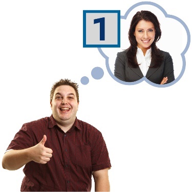 A man giving a thumbs up and a thought bubble with the number 1 and a woman in it. 