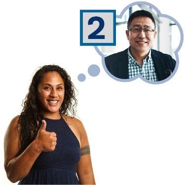 A woman giving a thumbs up and a thought bubble with the number 2 and a man in it. 