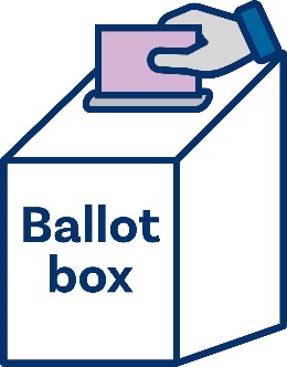 An icon of a ballot box with someone putting a purple envelope in the top.