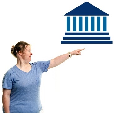 A woman pointing at a government icon.